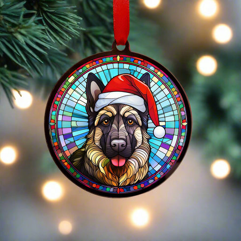 German Shepherd in Santa Hat Suncatcher Decoration